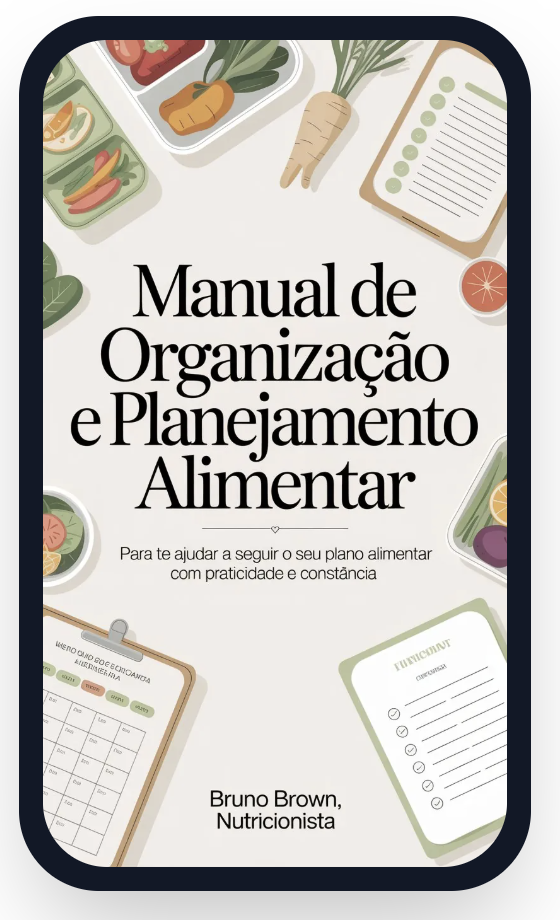 Manual de Organização e Planejamento Alimentar exibido em um celular