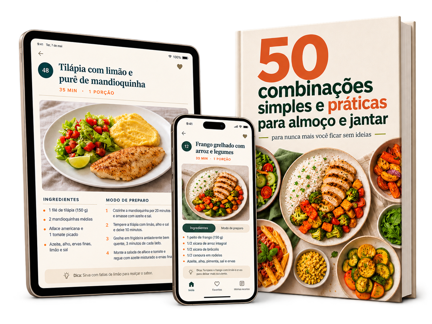 50 combinações: livro, tablet e celular mostrando as receitas