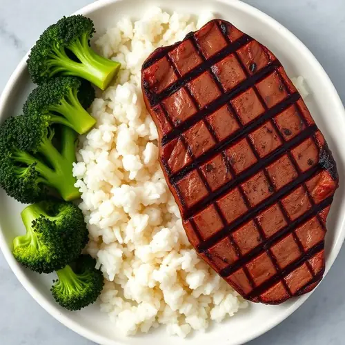Carne grelhada com arroz e brócolis