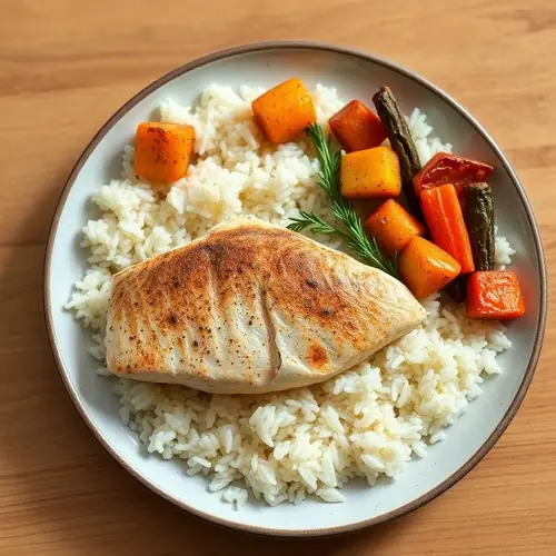 Peixe assado com arroz e legumes